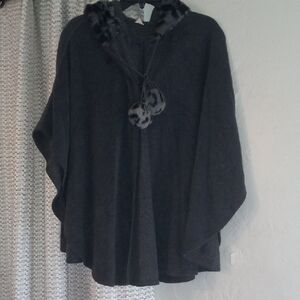 Source Unknown Charcoal Poncho with Faux Fur Accents
